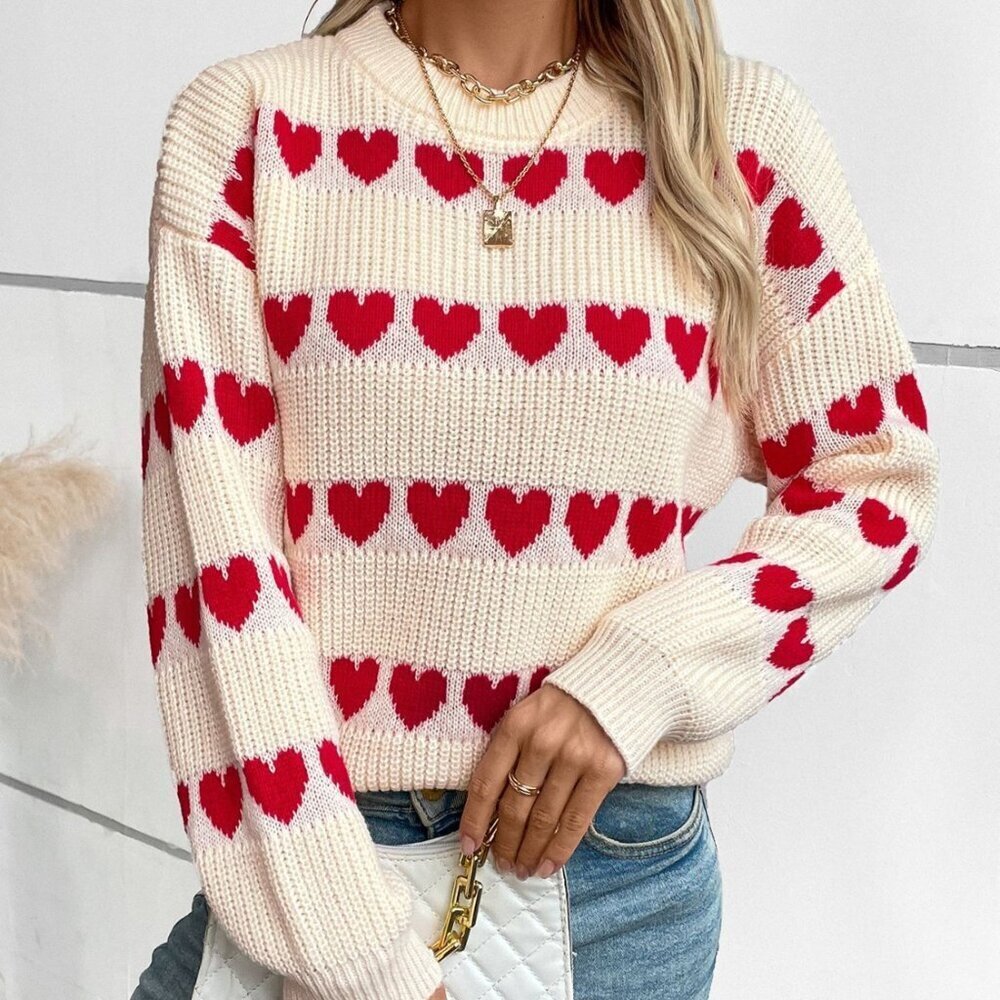 Heart Round Neck Dropped Shoulder Sweater NWT